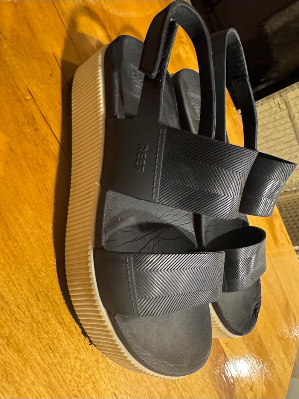 Reef Black Sandals with White Platform Sole